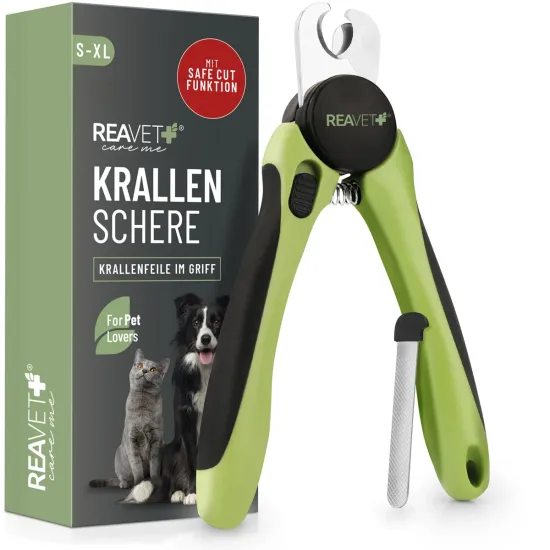 REAVET Krallenschere für Hunde & Katzen (Gr. S-XL) mit Abstandsschutz & integrierter Krallenfeile im Griff – Safe Cut Krallenknipser
